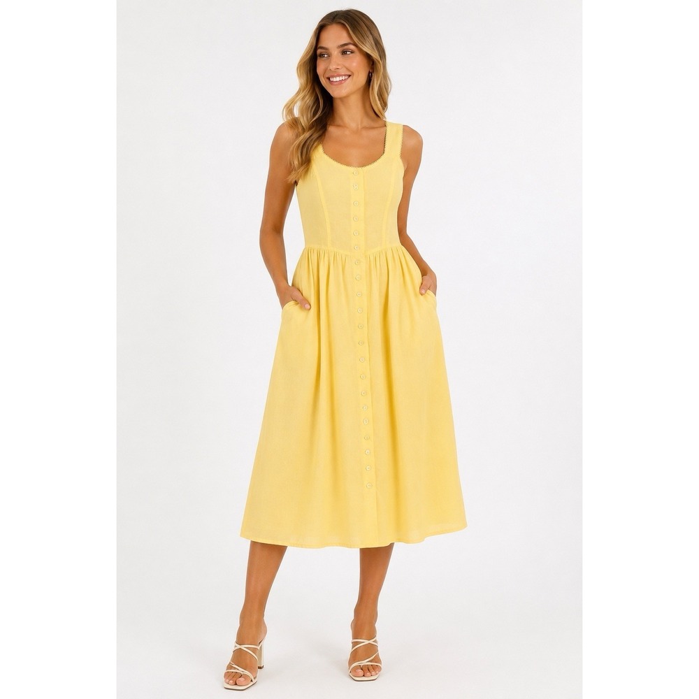 Vintage Chadwick's Yellow Cotton Midi Dress 8P Cottagecore Prairie Button Front